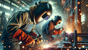 Welder using arc welding in a workshop setting.