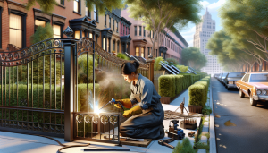 Welder crafting metal gate in Brooklyn workshop.