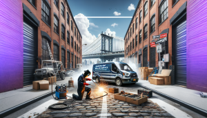 Mobile welder repairing metal in Brooklyn street.