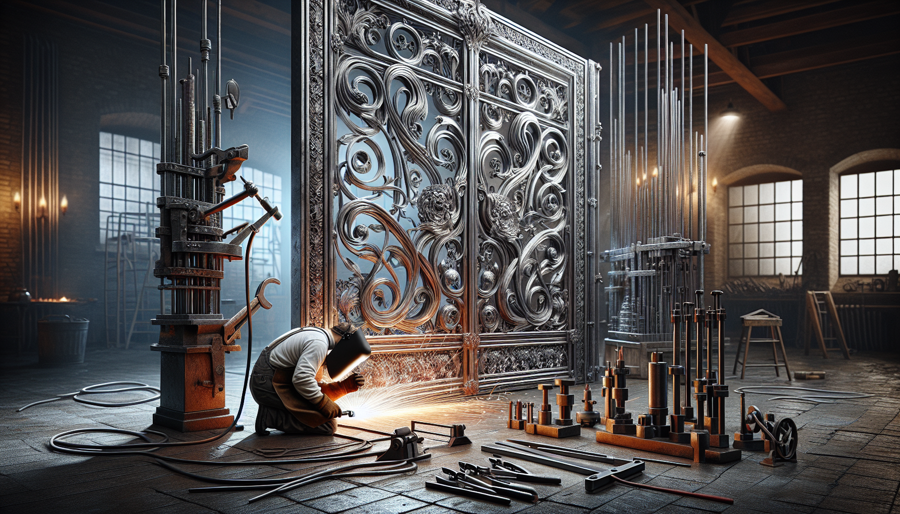 Welder carefully working on a metal gate to prevent warping.