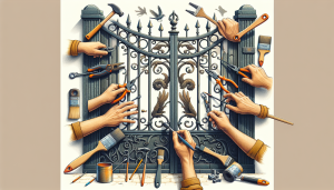 Close-up of hands repairing a wrought iron gate.