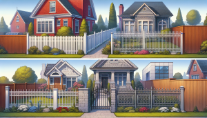 Various fence types surrounding a suburban home.