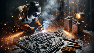 Person welding wrought iron railings with sparks.