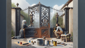 Rusty iron gate being restored with tools and paint.