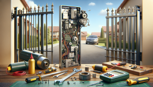 Technician inspecting an automatic gate system.