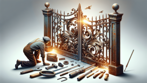 Person repairing a wrought iron gate with tools.