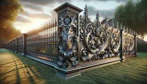 Decorative fence with ornate patterns in a garden setting.