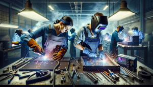 Welder in action with sparks flying in a workshop.