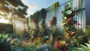 Metal garden fence enclosing vibrant green plants.