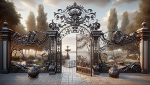 Ornate wrought iron gate with intricate patterns.