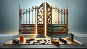 Person restoring an ornate iron gate with tools.