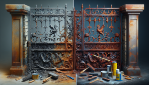 Person sanding rust from wrought iron fence.