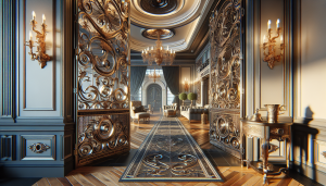 Elegant wrought iron door with price tags.