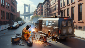 Welder working on-site in Brooklyn at night.