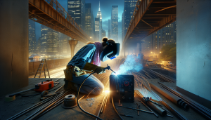 Mobile welder working on NYC skyscraper construction.
